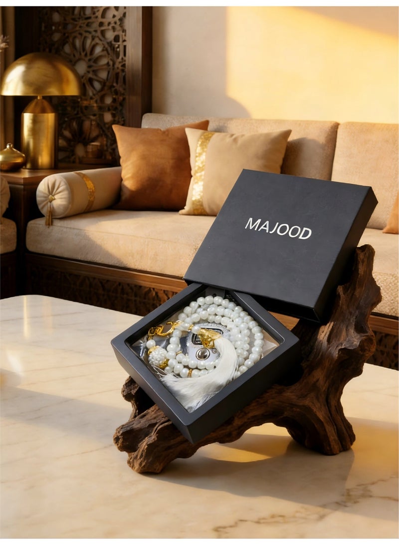 MAJOOD 1 Set of 99 resin imitation pearl prayer beads 8mm  and an electronic counter, packaged in a gift box. - Image 5